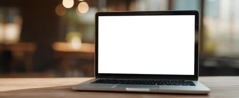 The sleek laptop on a wooden desk with a blank screen for customization. photo