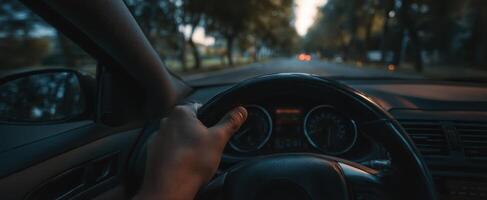 The hand gripping the steering wheel on an evening drive down a quiet road. photo