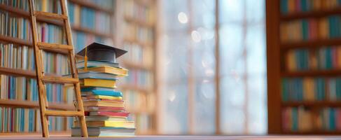 The stacked books with graduation cap in a serene library environment. photo