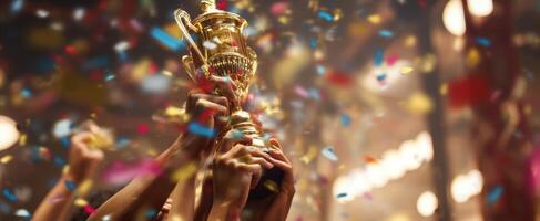 The joy of victory and celebration with a shining trophy held aloft photo