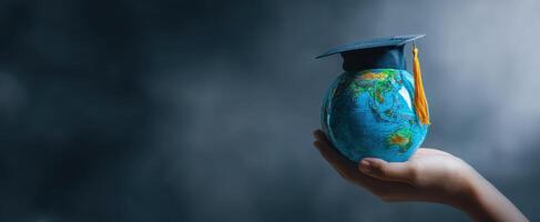 The globe with a graduation cap symbolizing education and global achievement. photo