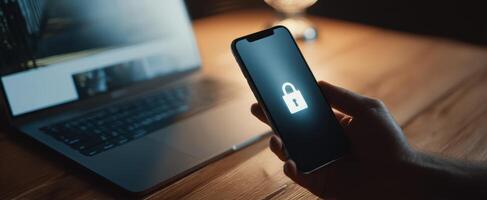 The smartphone displaying a lock symbol in a modern workspace setting. photo