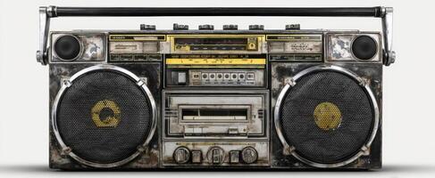 The vintage boombox with yellow accents and retro design elements. photo