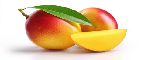 The vibrant mango fruits with green leaves and a fresh slice. photo