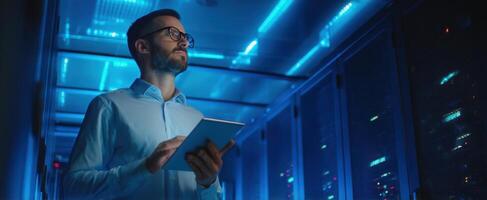The man with a tablet in a futuristic server room illuminated by blue light. photo