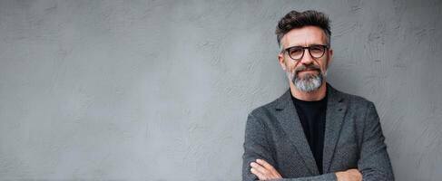 The confident man with a beard and glasses posing against a gray background. photo