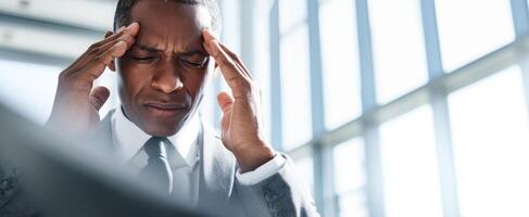 The businessman suffering from stress in a modern office environment. photo