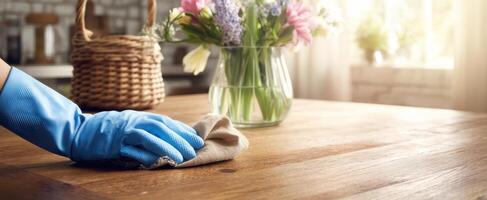 The person cleaning wooden table with flowers in bright kitchen setting photo