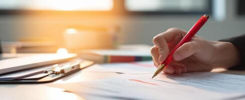 The hand using a red pen to write on important documents in sunlight. photo