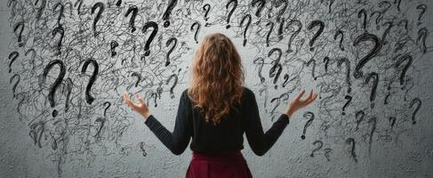 The woman surrounded by swirling question marks representing confusion and uncertainty. photo