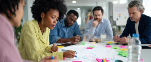 The group of professionals engaging in a dynamic brainstorming session around a table. photo