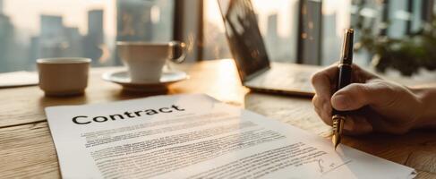 The contract being signed in a modern workspace with a sunny urban background. photo