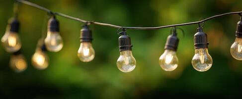 The warm glow of hanging light bulbs creating a cozy outdoor ambiance. photo