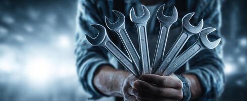 The collection of wrenches held by a skilled mechanic. photo