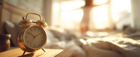 The alarm clock marks a peaceful morning in a cozy bedroom setting. photo