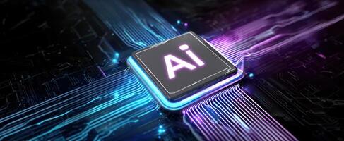 The AI Chip Illuminated Within a Futuristic Digital Circuitry Background photo