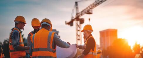 The construction team reviewing plans at sunset with a backdrop of cranes photo