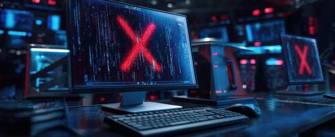The computer screen displaying an alert in a high-tech cybersecurity environment. photo