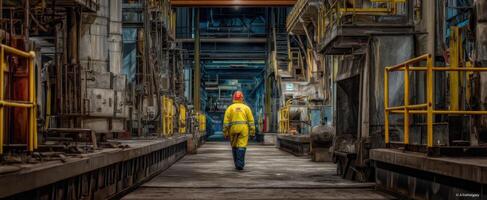 The Worker Walking Through an Industrial Facility in Safety Gear photo