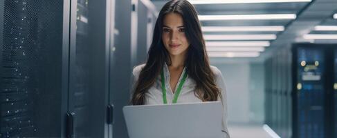 The confident woman working in a modern data center with a laptop. photo