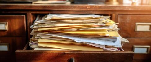 The cluttered desk drawer filled with papers and folders awaiting organization. photo