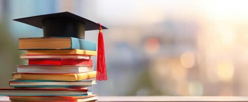 The graduation cap atop a stack of colorful books symbolizes academic achievement. photo