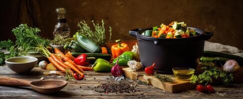 The colorful assortment of fresh vegetables in a rustic kitchen setting. photo