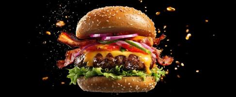 The delicious hamburger with bacon, cheese, and fresh ingredients on a black background. photo