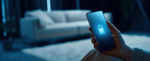 The smartphone displaying a lock symbol in a cozy home environment. photo