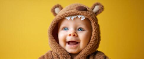The adorable baby in a bear costume enjoying a cheerful moment. photo