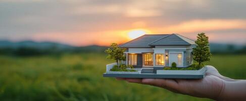 The miniature house model held in hand against a stunning sunset backdrop. photo