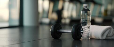 The gym setting featuring a dumbbell and refreshing water bottle on the floor. photo