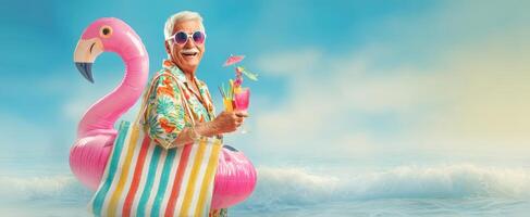 The elderly man enjoying a vibrant beach day with a flamingo float. photo