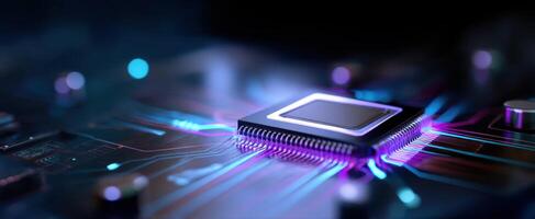 The microchip glowing with vibrant colors on a futuristic circuit board. photo