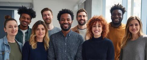 The diverse group of professionals smiling together in a modern office setting. photo