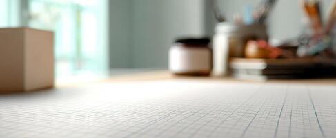 The serene workspace featuring a grid paper and creative tools on a clean desk. photo