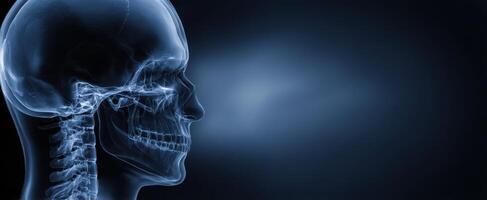 The stunning x-ray image of a human skull and spine against a dark background. photo