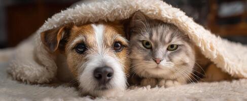The dog and cat cuddling under a cozy blanket in a warm home. photo