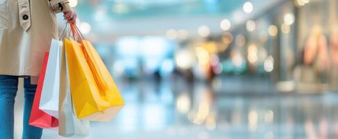 The shopper enjoying a vibrant day at the mall with colorful shopping bags. photo