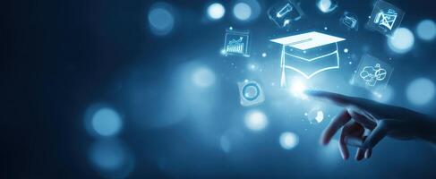 The digital graduation cap symbolizing modern educational technology and innovation. photo