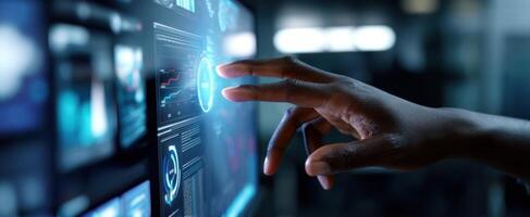 The Hand Interacting with a Futuristic Digital Interface Displaying Data Insights. photo