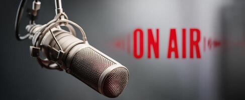 The microphone symbolizing live broadcasting in a modern studio setting. photo