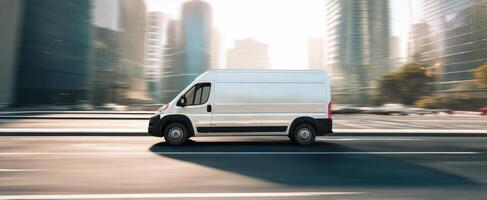 The sleek white van cruising through a modern urban landscape. photo