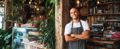 A smiling man standing in front of a restaurant photo