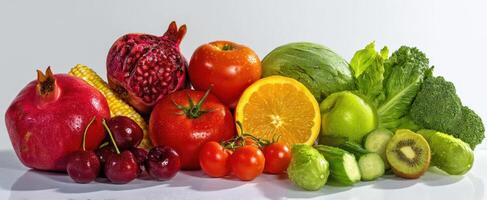 The vibrant assortment of fresh fruits and vegetables on a clean table. photo