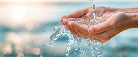 The Hands Capturing Sparkling Water in a Serene Natural Setting photo