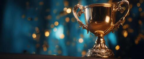 The stunning trophy gleams brightly against a blurred festive background. photo