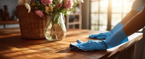 The person cleaning a wooden table with a cloth and blue gloves. photo