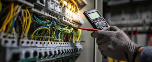 The electrician measuring voltage in a control panel with a multimeter. photo
