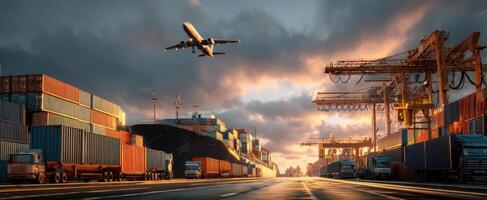 The airplane soaring over a busy shipping yard at sunset. photo